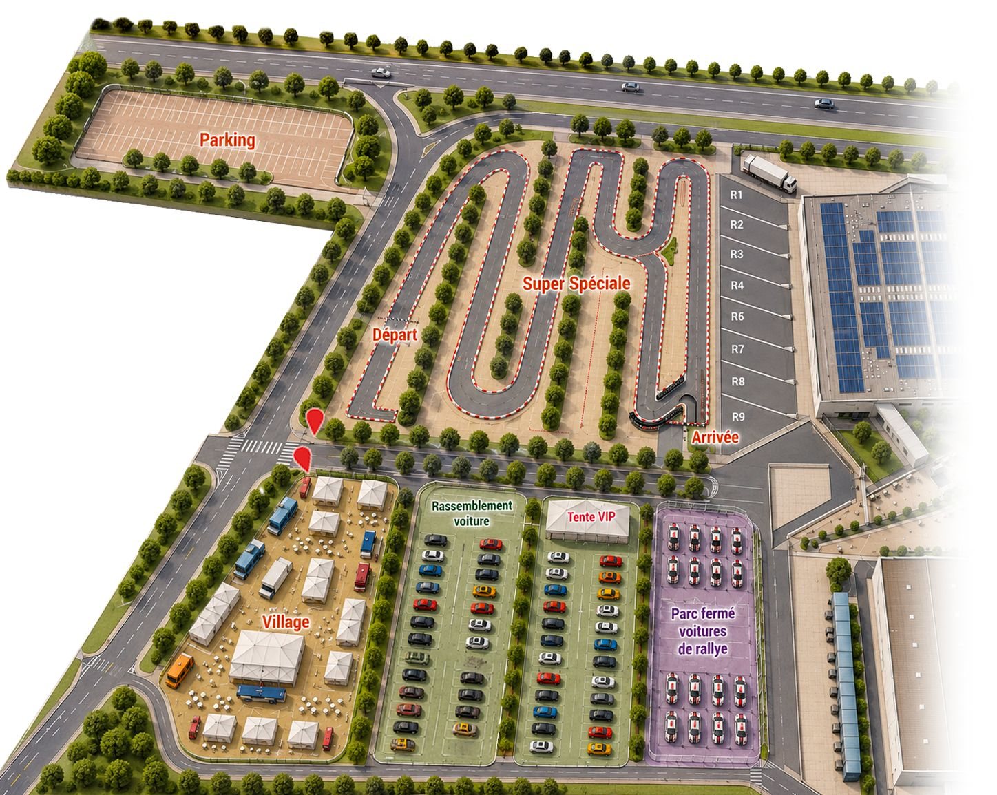 Plan du site : tracé de la super spéciale sur le parking de l’Arena, village et parc fermé sur le parking du Parc Expo