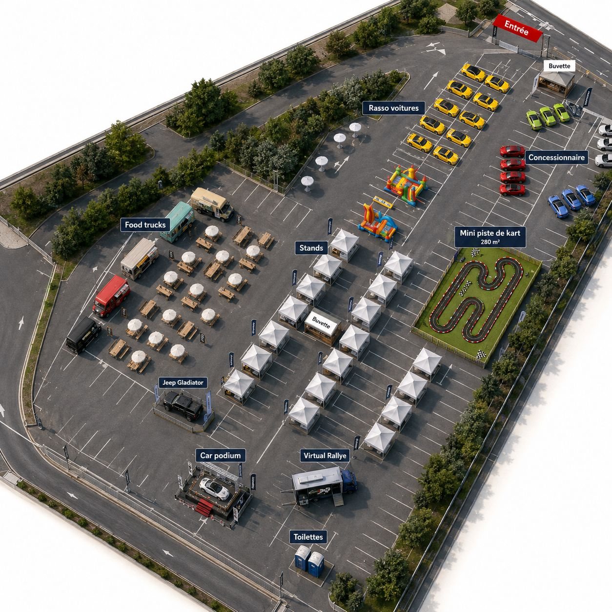 Plan du village : stands, foodtrucks, buvettes, jeux gonflables, mini piste de kart et rassemblement de voitures